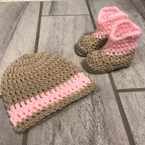 0/6M Baby Girls Tan & Pink Cowboy Boots & Hat Set